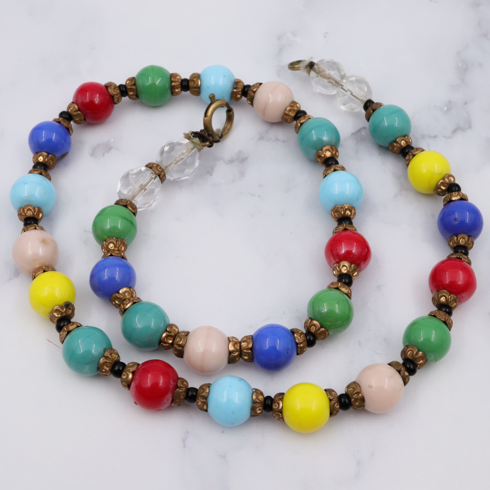 Antique rainbow glass beaded necklace with brass spacers, 16.5"